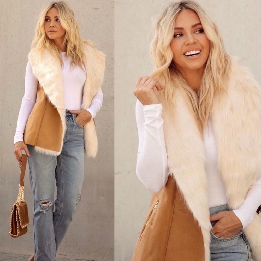 VICI   MAMMOTH POCKETED FAUX-FUR            LINED VEST - CAMEL